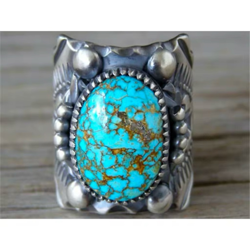Faux Turquoise Statement Ring Large Big Cocktail Costume Silver Tone Hea…
